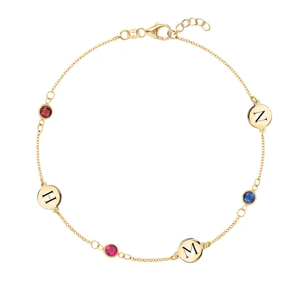 Personalized Classic 3 Letter & 3 Birthstone Bracelet in 14k Gold sold by Haverhill