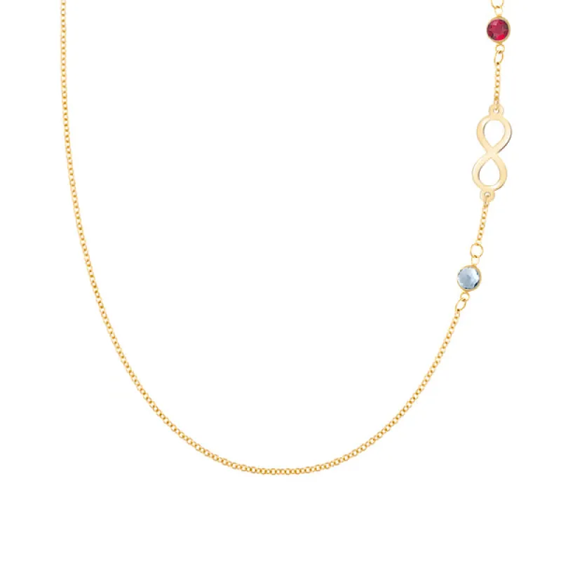 Personalized Classic Infinity & 2 Birthstone Necklace in 14k Gold sold by Haverhill