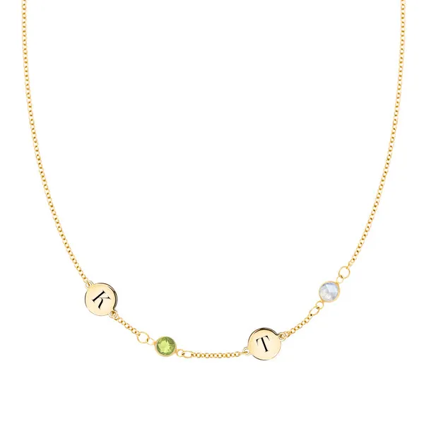 Personalized Classic 2 Letter & 2 Birthstone Necklace in 14k Gold (Single Spacing) sold by Haverhill