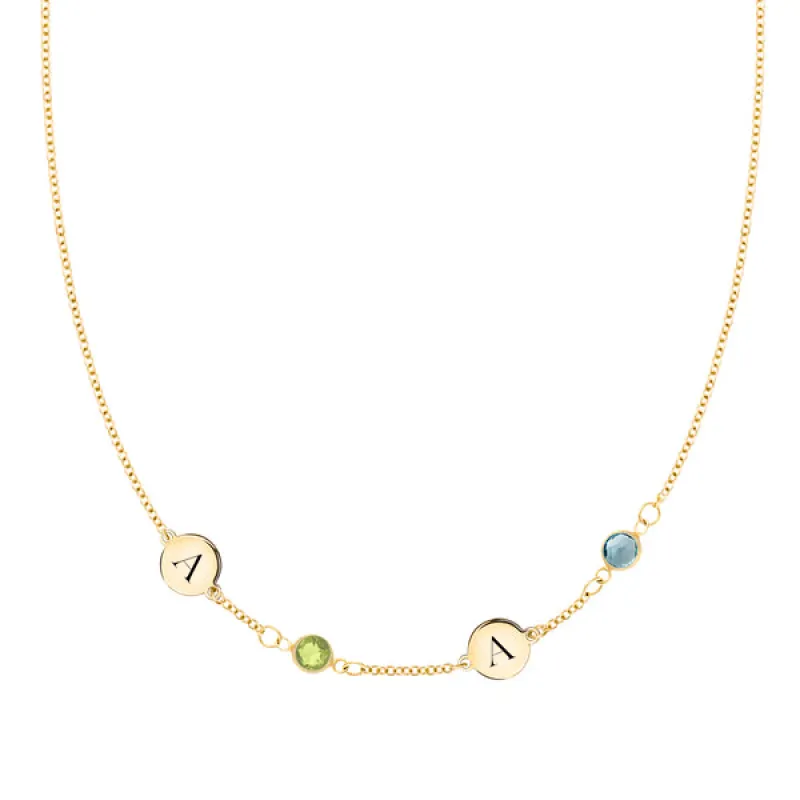 Personalized 2 Letter & 2 Classic Birthstone Necklace in 14k Gold (Single Spacing) sold by Haverhill