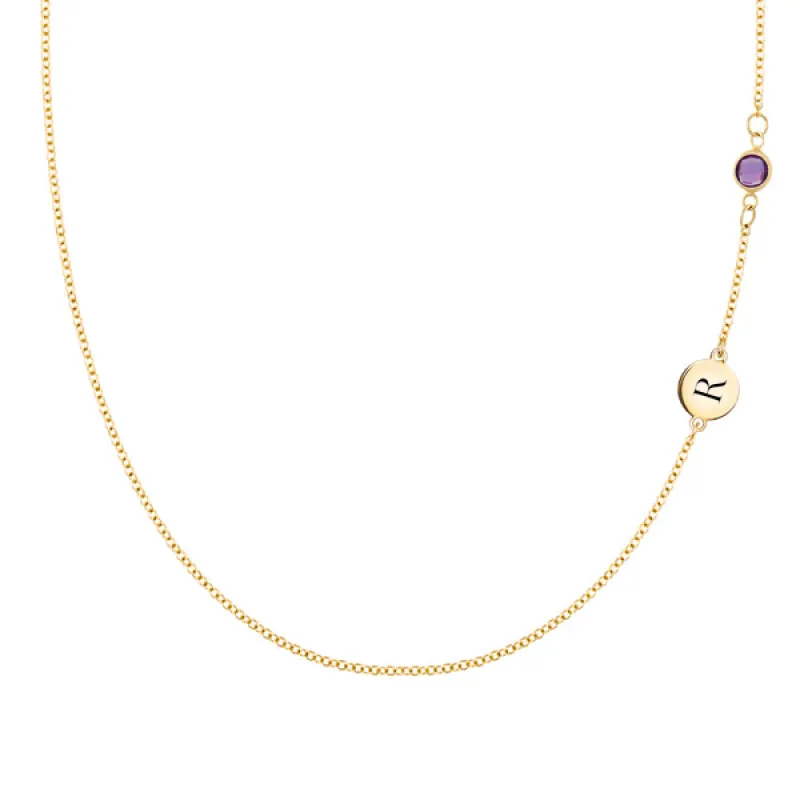 Personalized Classic 1 Letter & 1 Birthstone Necklace in 14k Gold (Double Spacing) sold by Haverhill