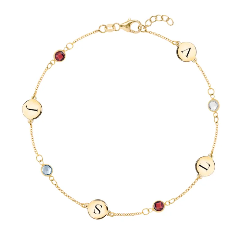 Personalized Classic 4 Letter & 4 Birthstone Bracelet in 14k Gold sold by Haverhill