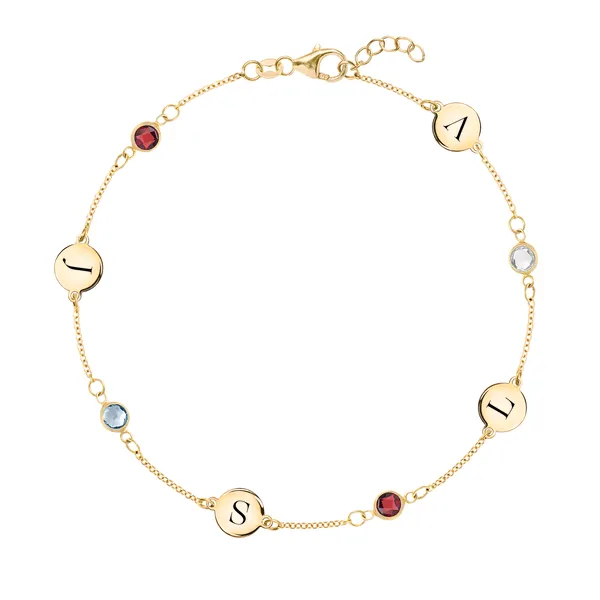 Personalized Classic 4 Letter & 4 Birthstone Bracelet in 14k Gold sold by Haverhill
