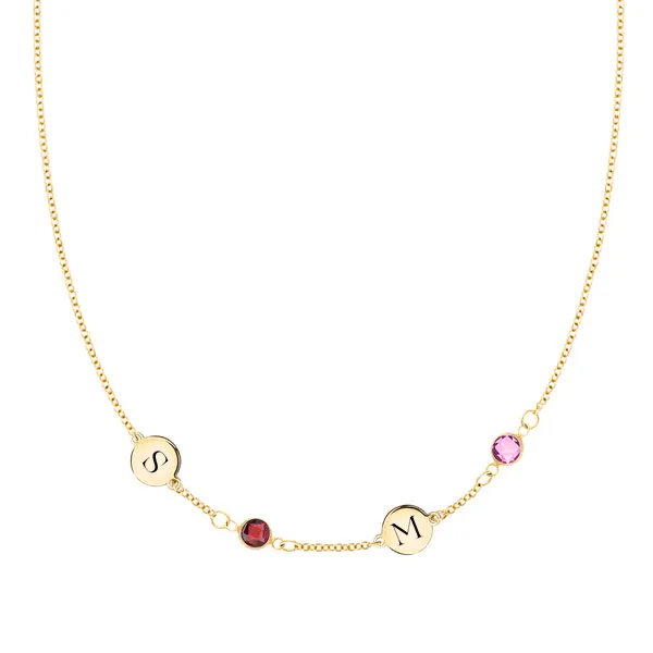 Personalized Classic 2 Letter & 2 Birthstone Necklace in 14k Gold (Single Spacing) sold by Haverhill