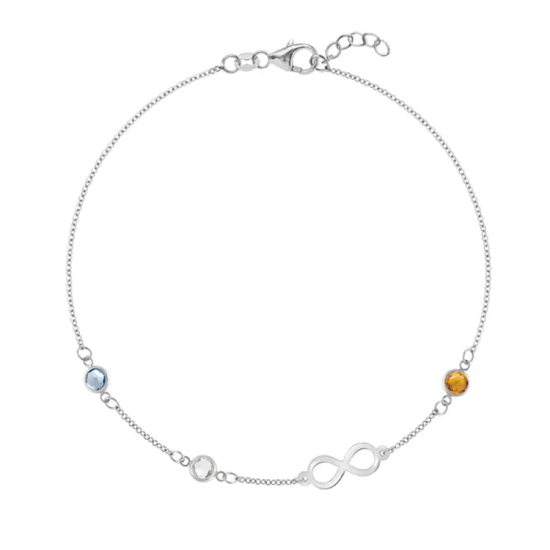 Personalized Classic Infinity & 3 Birthstone Bracelet in 14k Gold sold by Haverhill