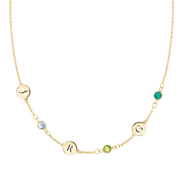 Personalized 3 Letter & 3 Classic Birthstone Necklace in 14k Gold (Single Spacing) sold by Haverhill