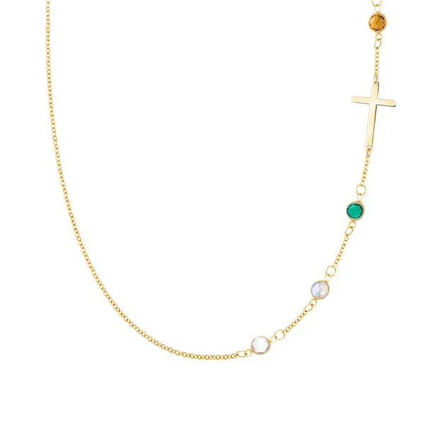 Personalized Classic Cross & 4 Birthstone Necklace in 14k Gold sold by Haverhill