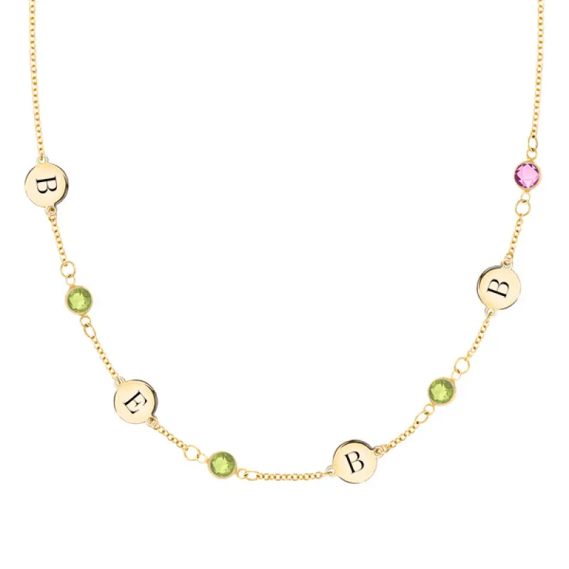 Personalized Classic 4 Letter & 4 Birthstone Necklace in 14k Gold (Single Spacing) sold by Haverhill