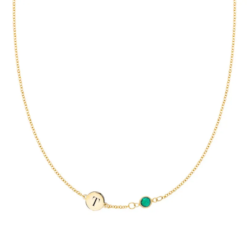 Personalized Classic 1 Letter & 1 Birthstone Necklace in 14k Gold (Single Spacing) sold by Haverhill