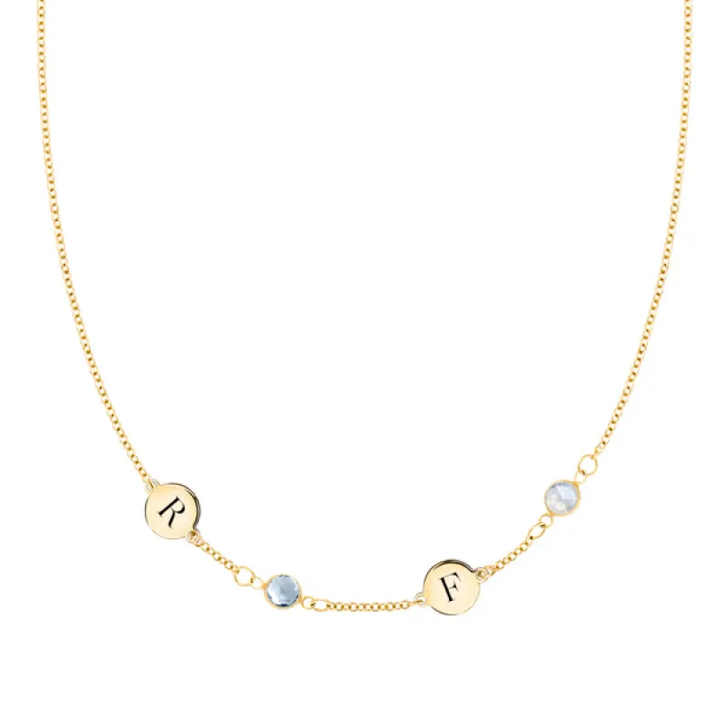 Personalized Classic 2 Letter & 2 Birthstone Necklace in 14k Gold (Single Spacing) sold by Haverhill