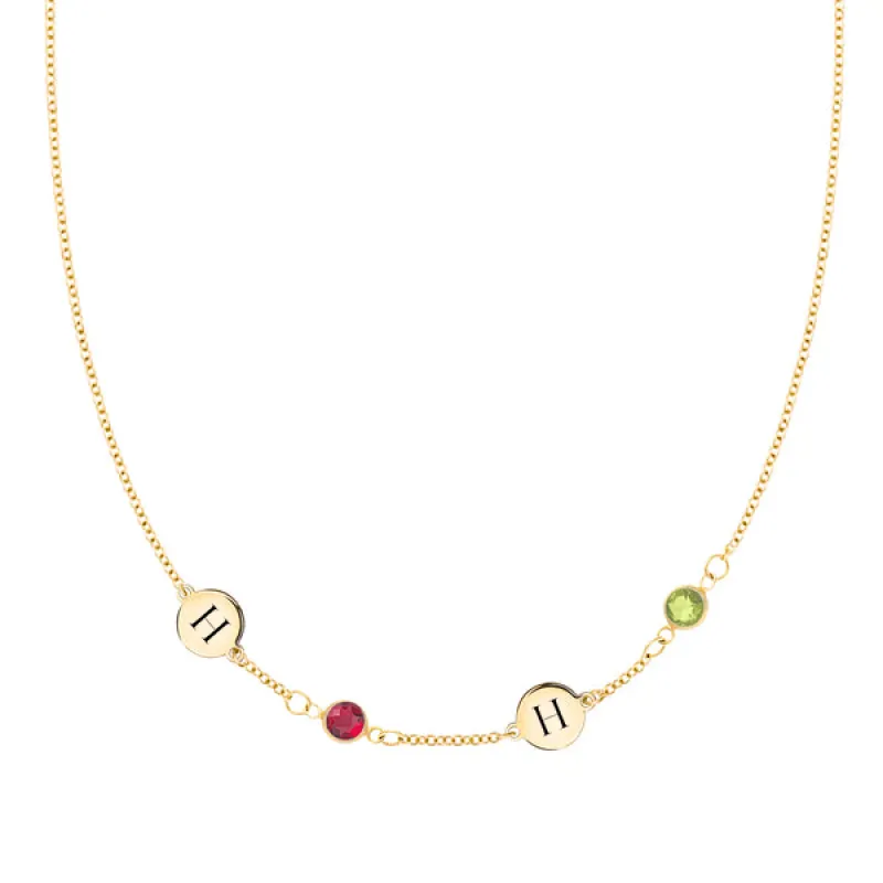 Personalized Classic 2 Letter & 2 Birthstone Necklace in 14k Gold (Single Spacing) sold by Haverhill