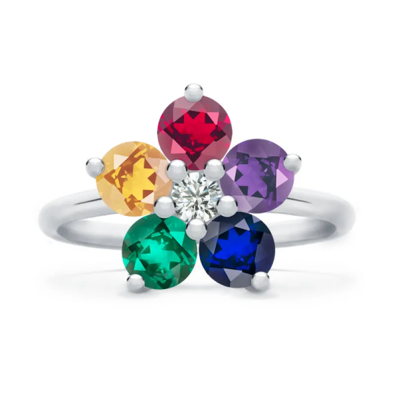 Personalized Greenwich Flower Birthstone & Diamond Ring in 14k Gold sold by Haverhill
