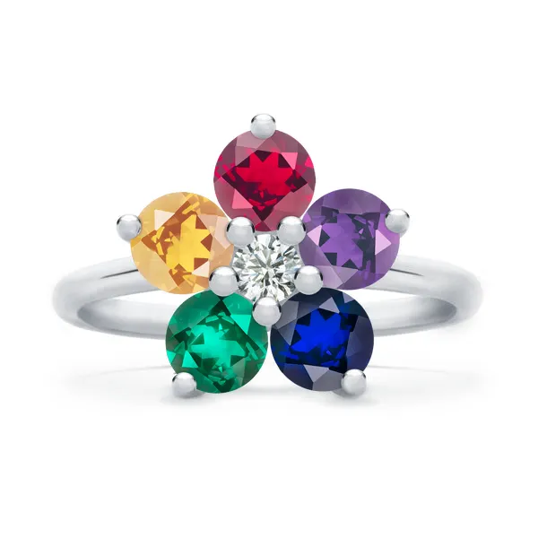Personalized Greenwich Flower Birthstone & Diamond Ring in 14k Gold sold by Haverhill