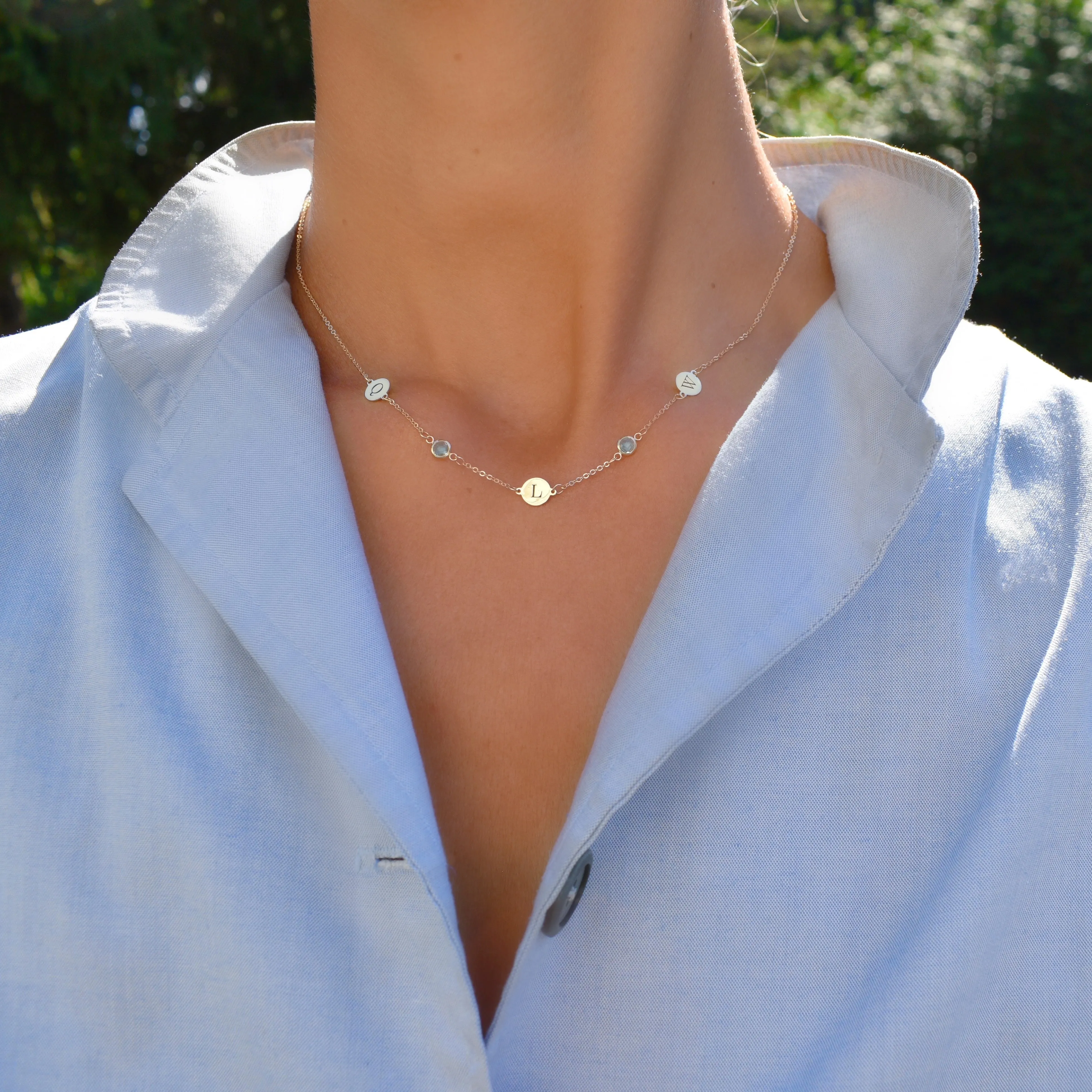 Personalized Classic 3 Letter & 2 Birthstone Necklace in 14k Gold (Double Spacing) sold by Haverhill product image thumbnail 2