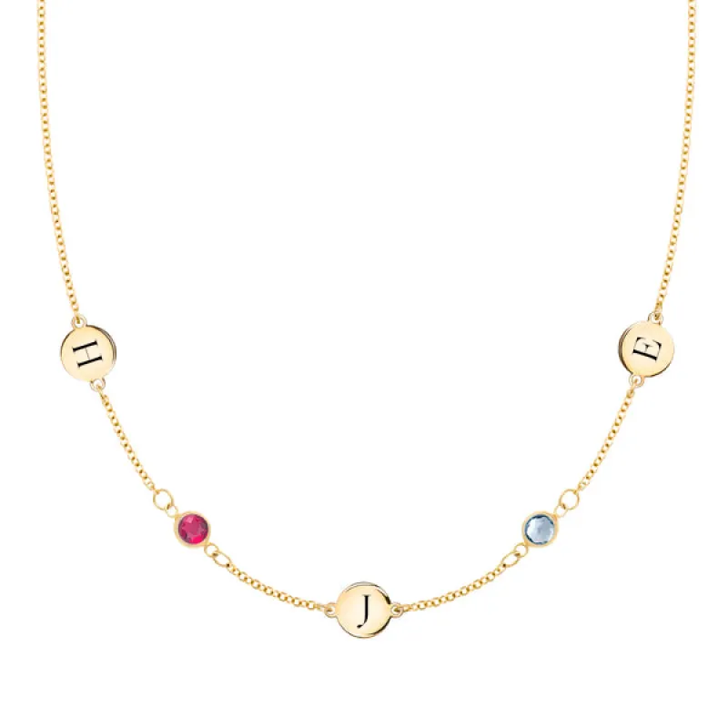 Personalized Classic 3 Letter & 2 Birthstone Necklace in 14k Gold (Double Spacing) sold by Haverhill