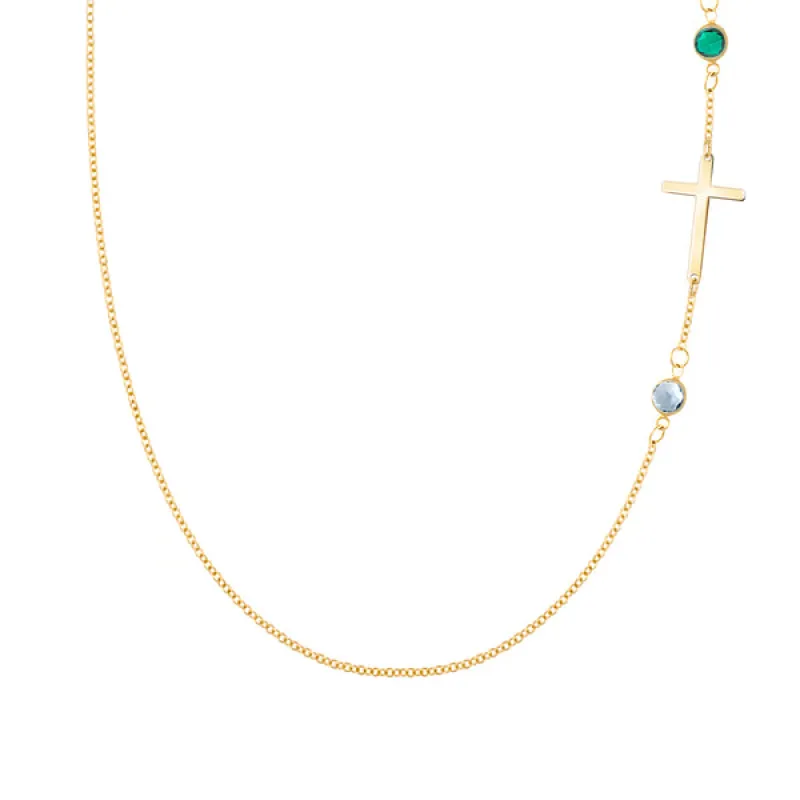 Personalized Classic Cross & 2 Birthstone Necklace in 14k Gold sold by Haverhill
