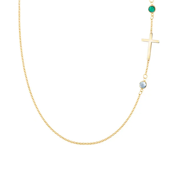 Personalized Classic Cross & 2 Birthstone Necklace in 14k Gold sold by Haverhill