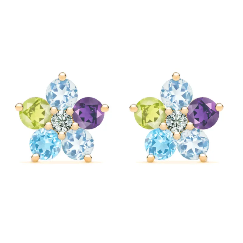 Personalized Greenwich Flower Birthstone & Diamond Earrings in 14k Gold sold by Haverhill