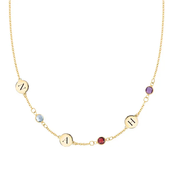 Personalized 3 Letter & 3 Classic Birthstone Necklace in 14k Gold (Single Spacing) sold by Haverhill