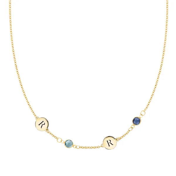 Personalized Classic 2 Letter & 2 Birthstone Necklace in 14k Gold (Single Spacing) sold by Haverhill