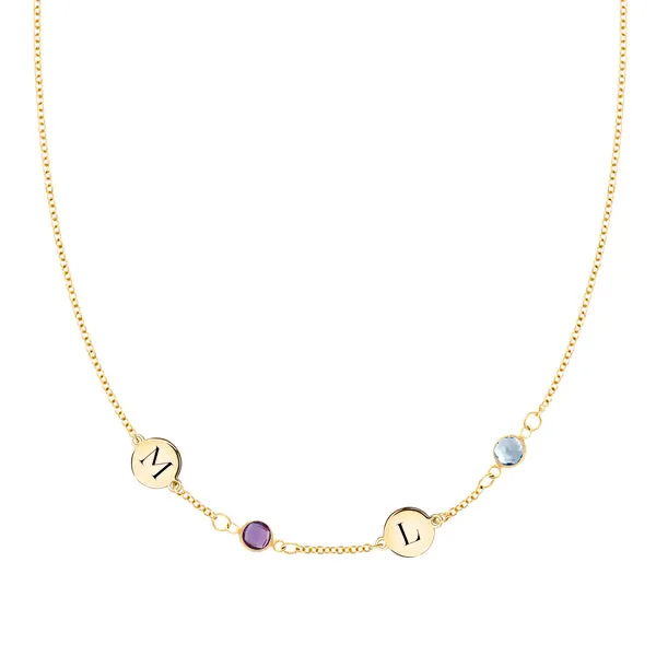 Personalized Classic 2 Letter & 2 Birthstone Necklace in 14k Gold (Single Spacing) sold by Haverhill