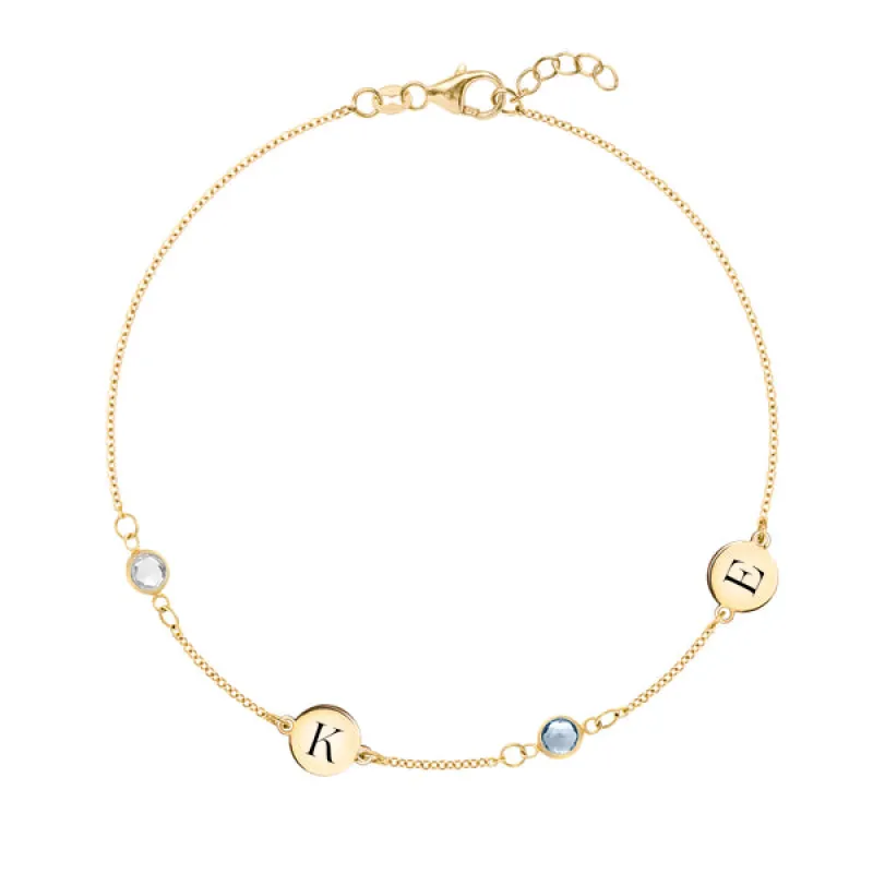 Personalized Classic 2 Letter & 2 Birthstone Bracelet in 14k Gold sold by Haverhill