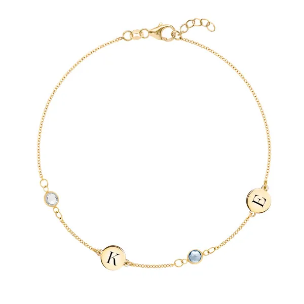 Personalized Classic 2 Letter & 2 Birthstone Bracelet in 14k Gold sold by Haverhill