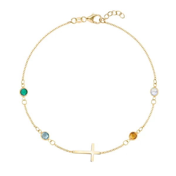 Personalized Classic Cross & 4 Birthstone Bracelet in 14k Gold sold by Haverhill