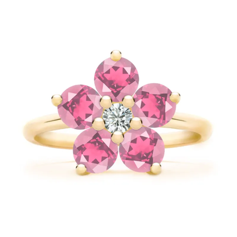 Personalized Greenwich Flower Birthstone & Diamond Ring in 14k Gold sold by Haverhill