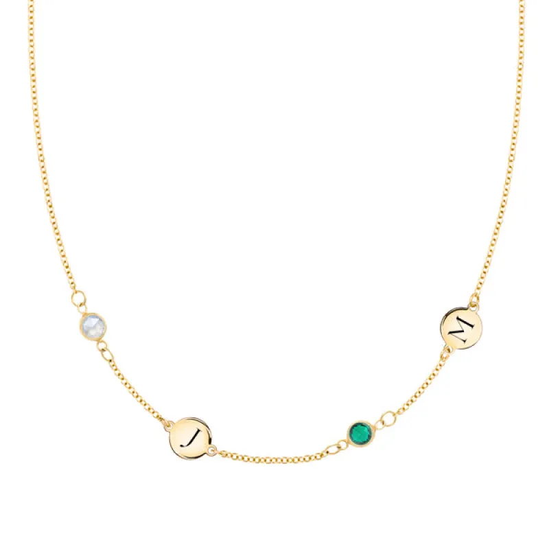 Personalized 2 Letter & 2 Classic Birthstone Necklace in 14k Gold (Double Spacing) sold by Haverhill