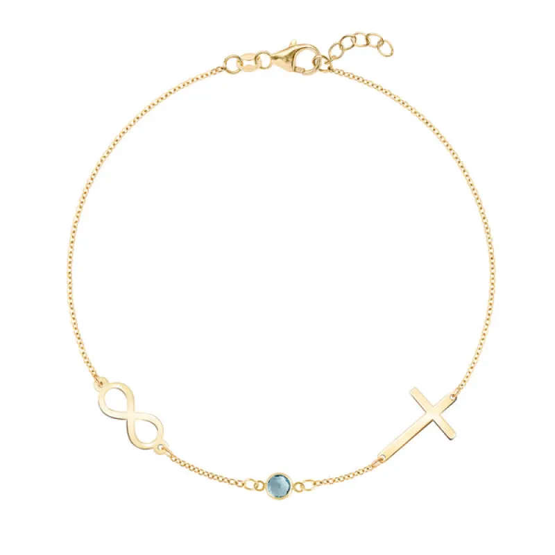 Personalized Classic Infinity & Cross with 1 Birthstone Bracelet in 14k Gold sold by Haverhill
