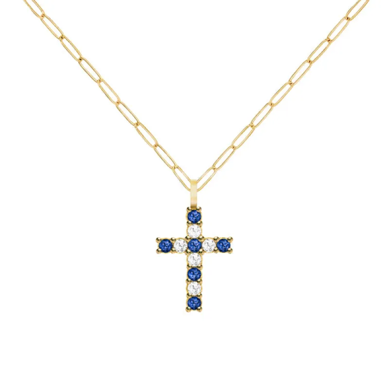 Rosecliff Cross Diamond & Sapphire Pendant in 14k Gold (September) sold by Haverhill