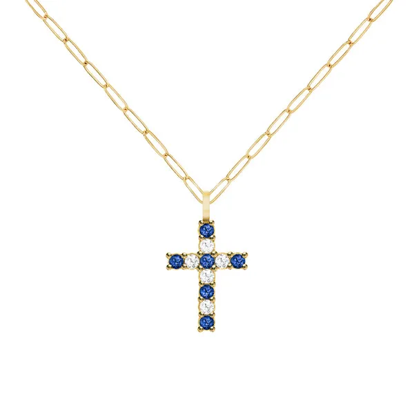 Rosecliff Cross Diamond & Sapphire Pendant in 14k Gold (September) sold by Haverhill