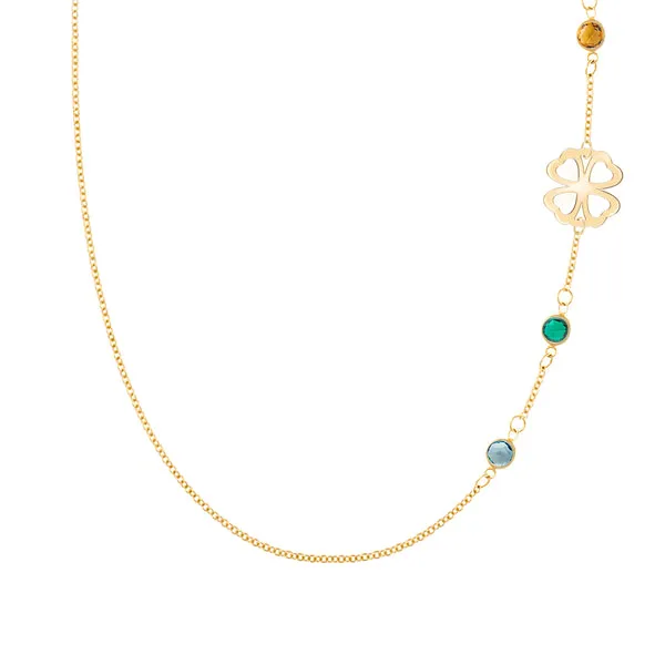Personalized Classic Clover & 3 Birthstone Necklace in 14k Gold sold by Haverhill