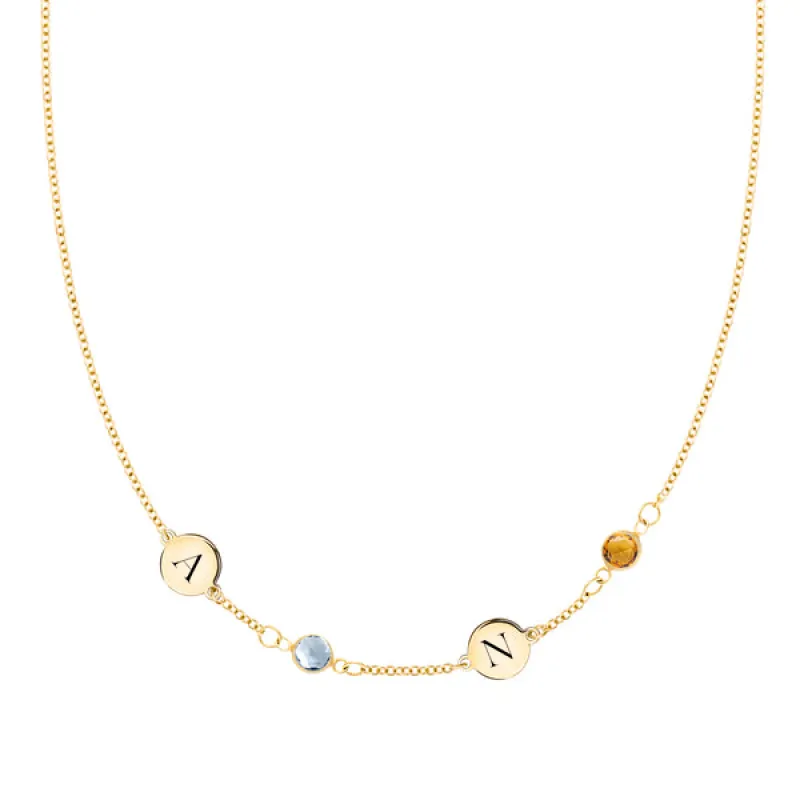 Personalized 2 Letter & 2 Classic Birthstone Necklace in 14k Gold (Single Spacing) sold by Haverhill