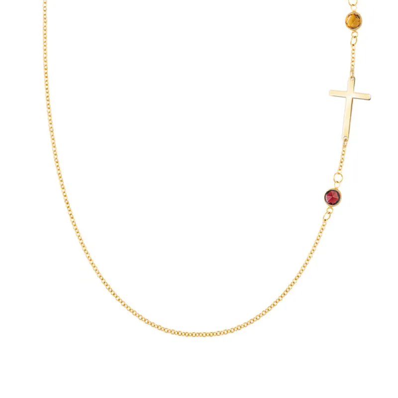 Personalized Classic Cross & 2 Birthstone Necklace in 14k Gold sold by Haverhill