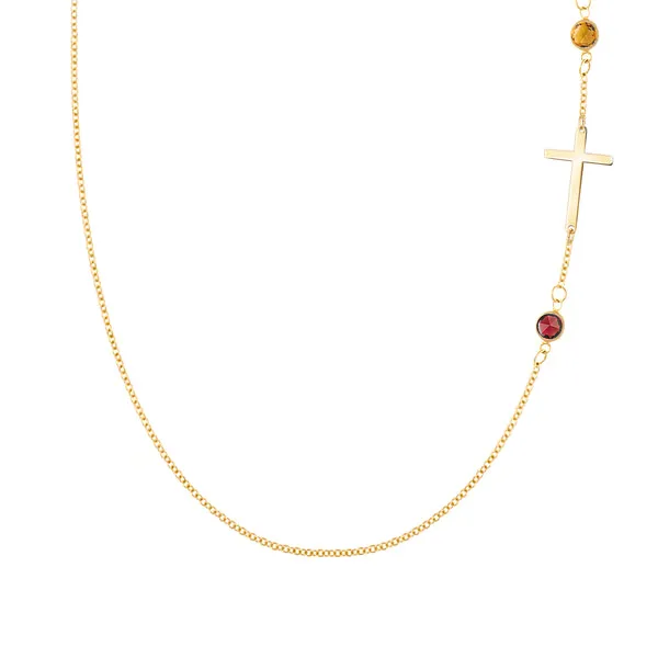 Personalized Classic Cross & 2 Birthstone Necklace in 14k Gold sold by Haverhill