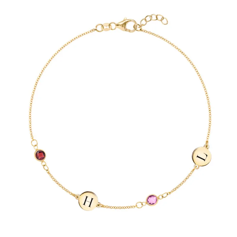 Personalized Classic 2 Letter & 2 Birthstone Bracelet in 14k Gold sold by Haverhill