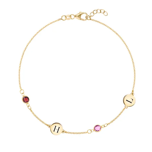 Personalized Classic 2 Letter & 2 Birthstone Bracelet in 14k Gold sold by Haverhill