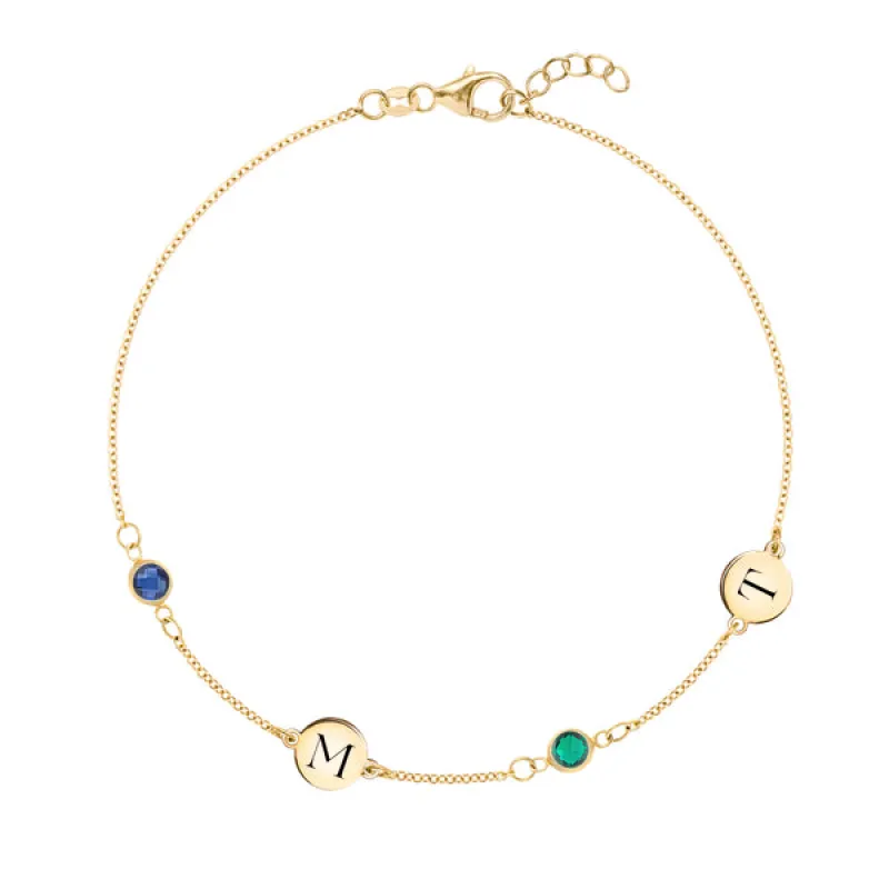 Personalized Classic 2 Letter & 2 Birthstone Bracelet in 14k Gold sold by Haverhill