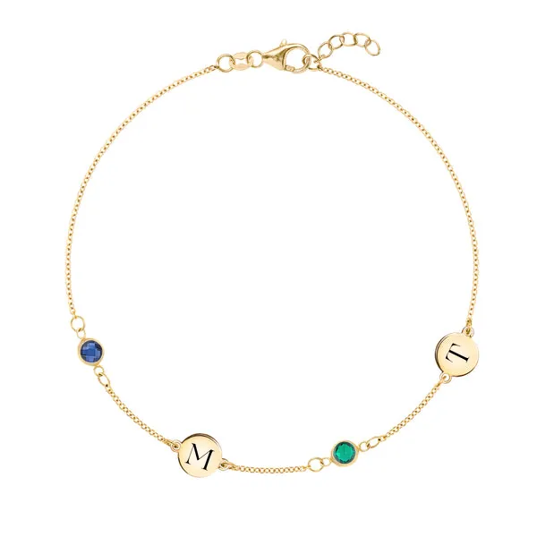 Personalized Classic 2 Letter & 2 Birthstone Bracelet in 14k Gold sold by Haverhill