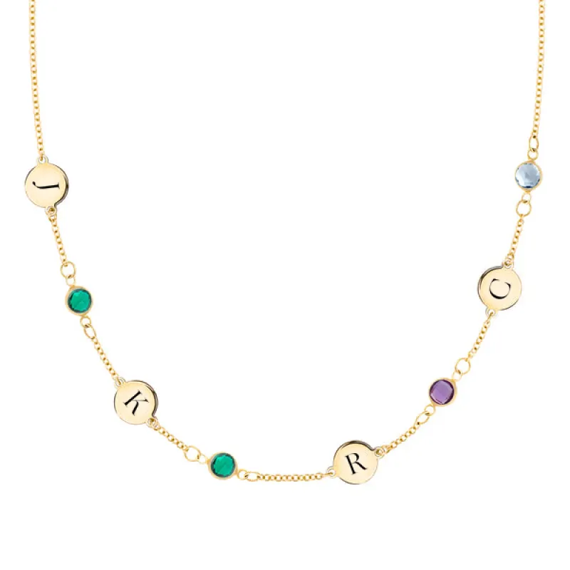 Personalized Classic 4 Letter & 4 Birthstone Necklace in 14k Gold (Single Spacing) sold by Haverhill