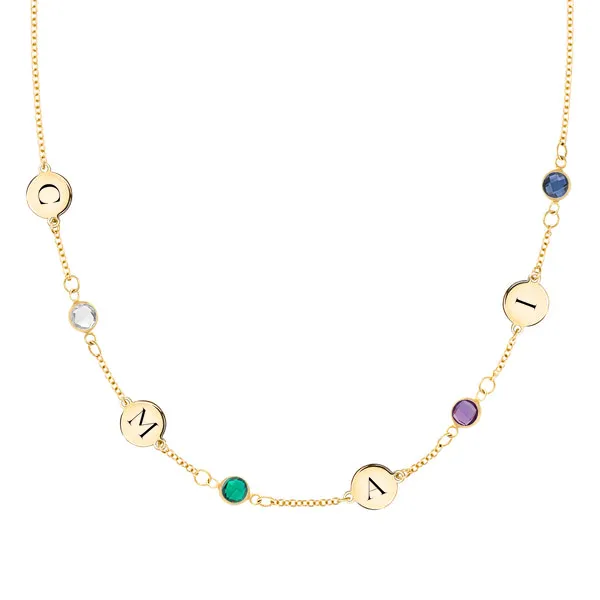 Personalized Classic 4 Letter & 4 Birthstone Necklace in 14k Gold (Single Spacing) sold by Haverhill