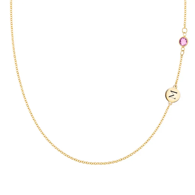 Personalized Classic 1 Letter & 1 Birthstone Necklace in 14k Gold (Double Spacing) sold by Haverhill