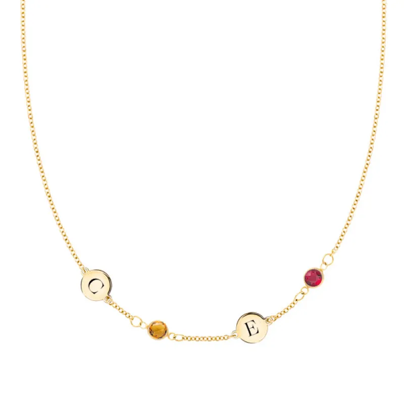 Personalized 2 Letter & 2 Classic Birthstone Necklace in 14k Gold (Single Spacing) sold by Haverhill