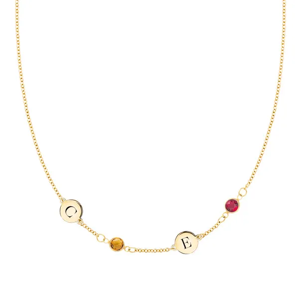 Personalized 2 Letter & 2 Classic Birthstone Necklace in 14k Gold (Single Spacing) sold by Haverhill