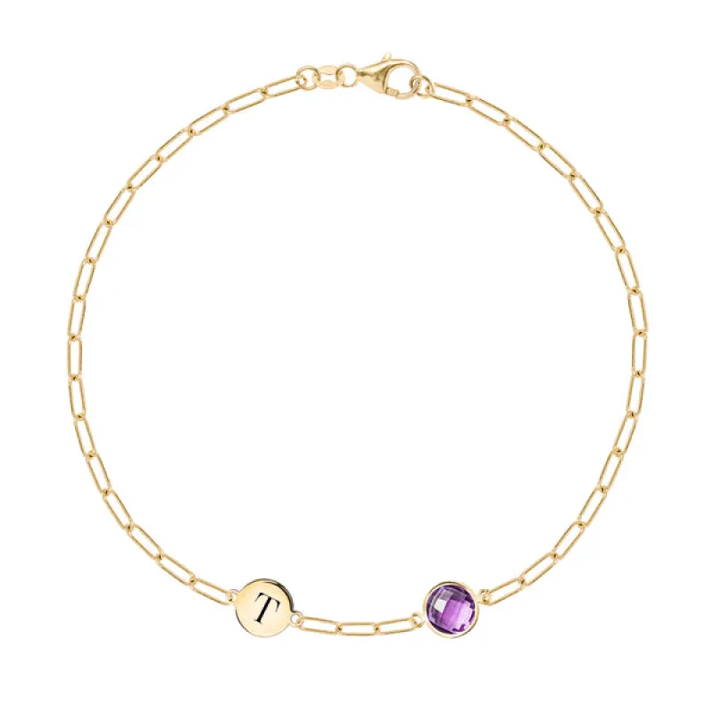 Personalized 1 Letter & 1 Grand Amethyst Adelaide Mini Bracelet in 14k Gold (February) sold by Haverhill