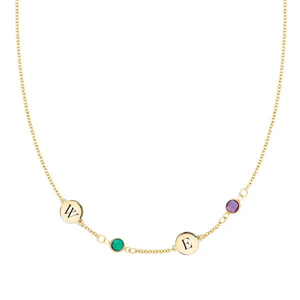 Personalized Classic 2 Letter & 2 Birthstone Necklace in 14k Gold (Single Spacing) sold by Haverhill