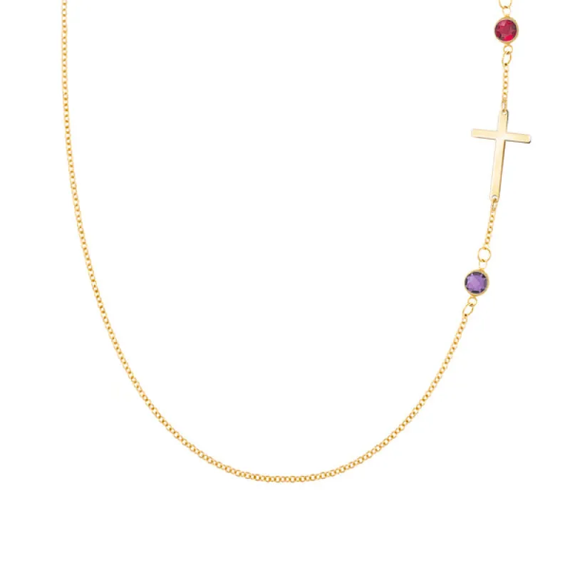 Personalized Classic Cross & 2 Birthstone Necklace in 14k Gold sold by Haverhill