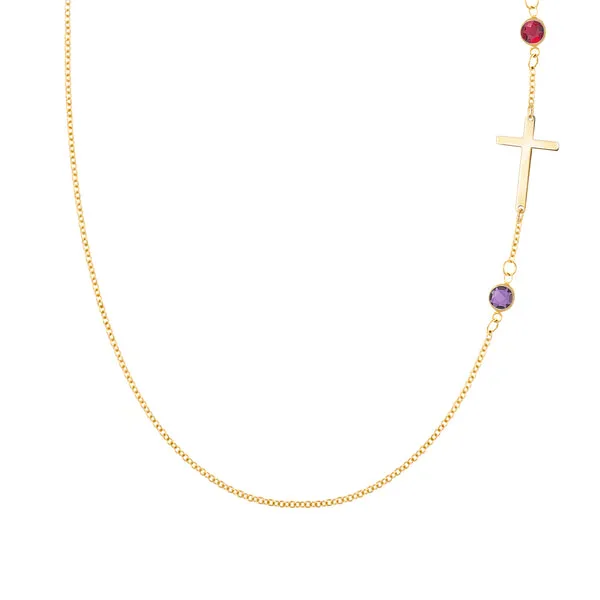 Personalized Classic Cross & 2 Birthstone Necklace in 14k Gold sold by Haverhill